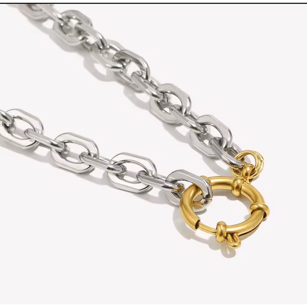Two Tone Chunky Chain Link Necklace Gold Silver Mixed Metal Sailor Clasp Choker - Picture 5 of 10